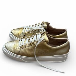 Stuart Weitzman Excelsa Gold Leather Faux Pearl Embellished Sneakers - Size 9